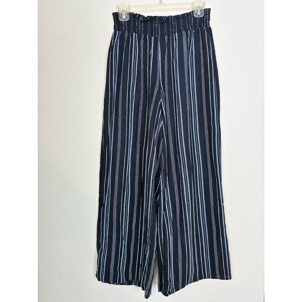 Ellen Tracy Linen Rayon Wide Leg High waist Blue Striped Smocked-Waist Pants